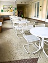 Dining room in the hospital. Tables and chairs stand in the corridor of the office. Royalty Free Stock Photo