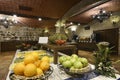 dining room of a hotel with baskets full of pieces of fruit and chopped Royalty Free Stock Photo