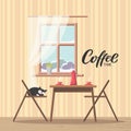 Dining room interior background with table and chairs near window with snowy view, dishes - kettle, coffee mug on table Royalty Free Stock Photo