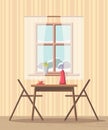Dining room interior background with table and chairs near window with snowy view Royalty Free Stock Photo