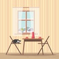 Dining room interior background with table and chairs near window with snowy view Royalty Free Stock Photo