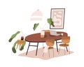 Dining room interior design. Cozy minimalistic home with round wood table with laptop, chairs, house plants, carpet