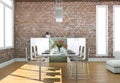 Dining room interior design in modern loft with stonewalls Royalty Free Stock Photo