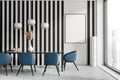 Dining room interior with table and chairs, black and white stripes wall Royalty Free Stock Photo