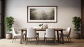 Dining room interior, table with chairs and a framed horizontal poster above it. 3d rendering mock up Royalty Free Stock Photo