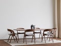 Dining room and kitchen wooden floor copy space on white background, front view