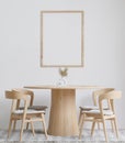 Dining room and kitchen,wooden table set copy space on white wall background,frame for mock up, front view Royalty Free Stock Photo
