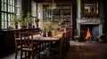 A dining room with a long wooden table, antique chairs and candlesticks Royalty Free Stock Photo