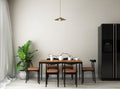 Dining room mockup with dining table set, plant, hanging lamp, and refrigerator Royalty Free Stock Photo