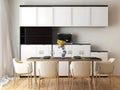 Dining room mockup with kitchen cabinet and beige dining table set Royalty Free Stock Photo