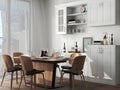 Dining room mockup with kitchen cabinet, and luxury wooden dining table set Royalty Free Stock Photo