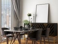 Dining room mockup with luxury black dining set, black gold dining table, and blank frame Royalty Free Stock Photo