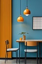 A dining room with orange walls and chairs, AI Royalty Free Stock Photo