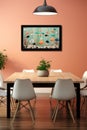 A dining room with orange walls and chairs, AI Royalty Free Stock Photo