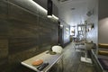 Dining room of a restaurant with square tables, white wood carpentry