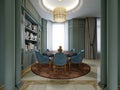 Dining room with a round table with blue chairs and a brown carpet in a green interior with shelves with crockery