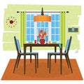 Dining room scene with wooden dining set and place settings