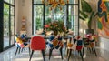 In the dining room a stunning midcentury dining table takes center stage surrounded by brightly colored chairs with