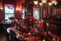 The dining room table is adorned with lit candles and fresh flower