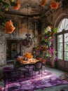 Dining room with table, chairs, and hanging flowers from the ceiling Royalty Free Stock Photo