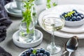 Dining room table decorated with small vase with ivy. Place setting with plates and bowl with blueberries and glass of wine Royalty Free Stock Photo