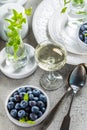 Dining room table decorated with small vase with ivy. Place setting with plates and bowl with blueberries and glass of wine Royalty Free Stock Photo