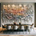 dining room wall covered in kinetic art panels that respond to music, creating a visual symphony .