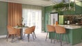 dining space with chairs, green island, and kitchen area Royalty Free Stock Photo
