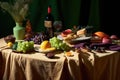 A table filled with an assortment of fruits, cheeses, and a bottle of wine