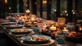 A dining table, adorned with a richly embroidered exquisite ceramic dinnerware, presents a lavish Diwali feast