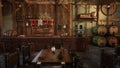 Dining table and bar in an old medieval tavern inn. 3D rendered illustration Royalty Free Stock Photo