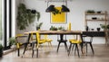 Dining table, black chairs, yellow poster, plants and firewood log rack in a modern dining room interior Royalty Free Stock Photo