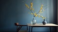 dining table and chair with vase and yellow flowers minimalist,