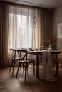 Dining table and chairs in cosy room, ai artwork