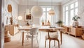 Dining table and chairs in cozy bright room. Scandinavian style home interior design of modern dining room. Created with