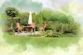 Dining table with chairs and parasol in a lush garden