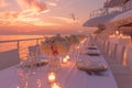 A dining table with fresh seafood and drinks is set on a boat as the sun sets in the background, Wedding setup on a yacht at