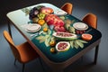 Dining table with fruits and vegetables