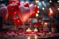 Dining table with gifts, glasses of wine, candles, flowers and balloons for Valentine\'s Day in kitchen.