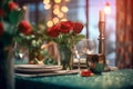 Dining table with gifts, glasses of wine, candles, flowers and balloons for Valentine\'s Day in kitchen.