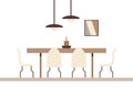 Dining table in the kitchen with chairs, a candle on the table, a poster on the wall and modern lamps in lampshades.