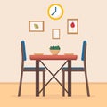 Dining table in kitchen with chairs, clocks, frames, plates and bowl with salad. Flat cartoon style vector illustration.