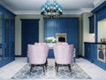 Dining table in the kitchen with a glass table and four soft pink chairs. Kitchen trendy design with blue mele