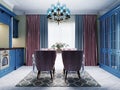 Dining table in the kitchen with a glass table and four soft pink chairs. Kitchen trendy design with blue mele