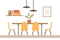 Dining table in the living room with chairs, a house plant on the table, a poster, a shelf with books and lamps. Flat interior