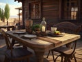 A dining table outside of vintage wild west American house Royalty Free Stock Photo