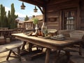 A dining table outside of vintage wild west American house Royalty Free Stock Photo