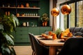 Dining table in Scandinavian style room with autumnal teal and orange decor