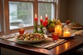 dining table set with alabama chicken plate and candles