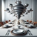 a smart dining table set with gravity-defying plates and cutlery arranged in an elegant, floating pattern.